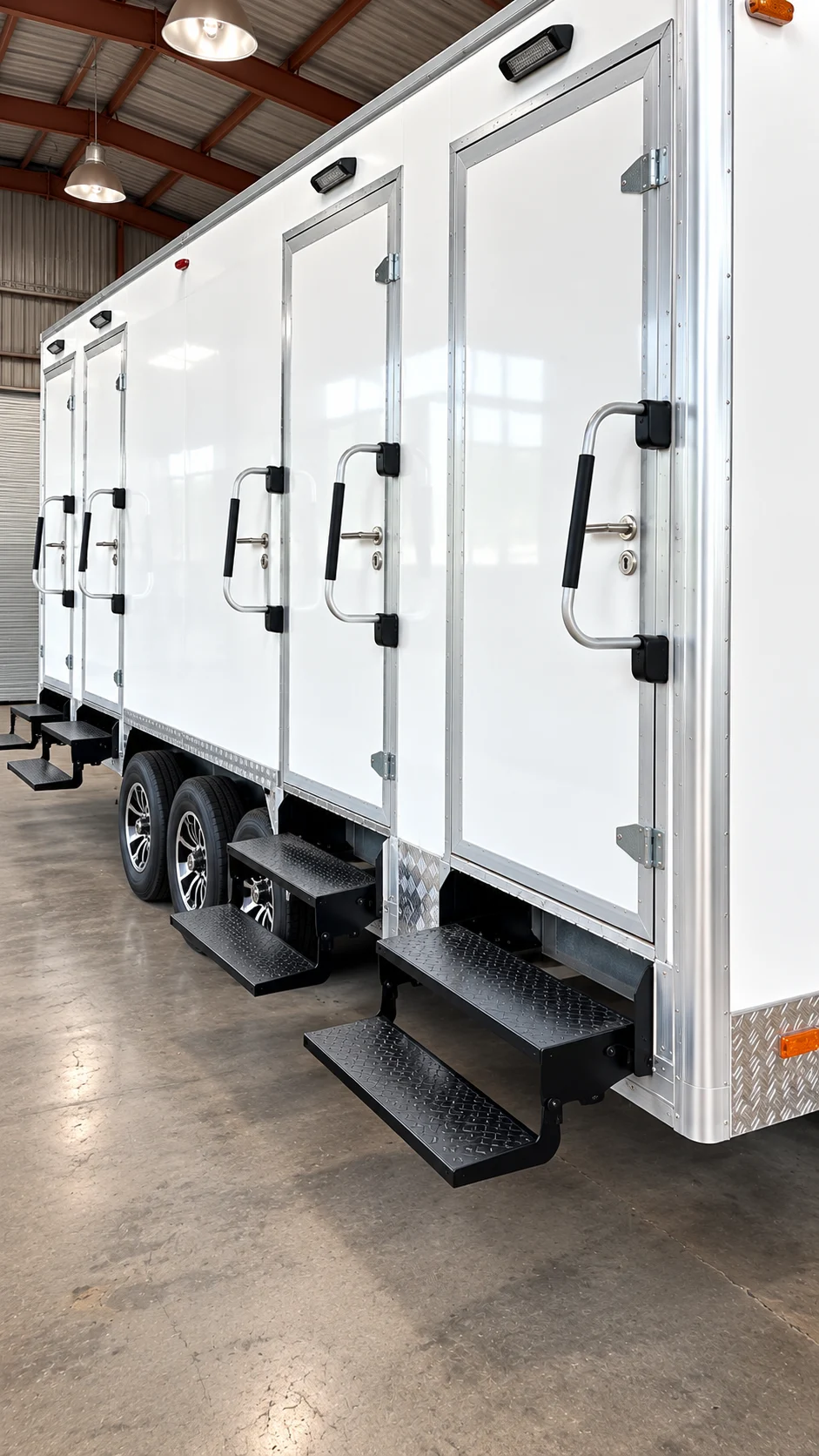 Exterior of a shower-restroom combination trailer with separate entrances and steps