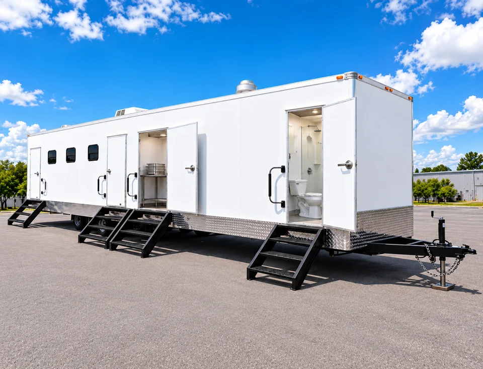 Multifunctional trailer exterior with black steps, a stainless work area and an open shower/toilet compartment