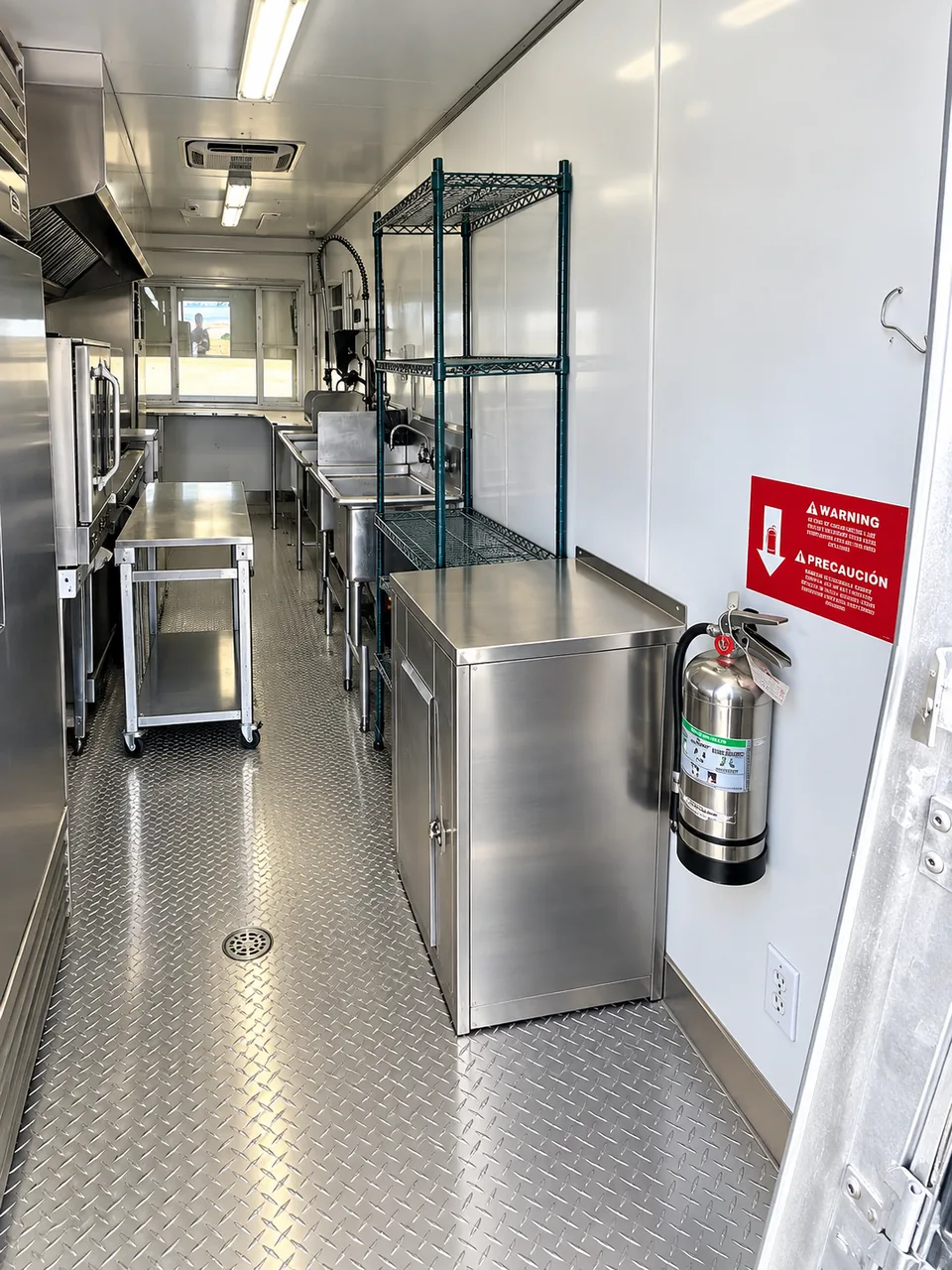 Commercial cooking equipment inside a 24 ft mobile kitchen trailer rental