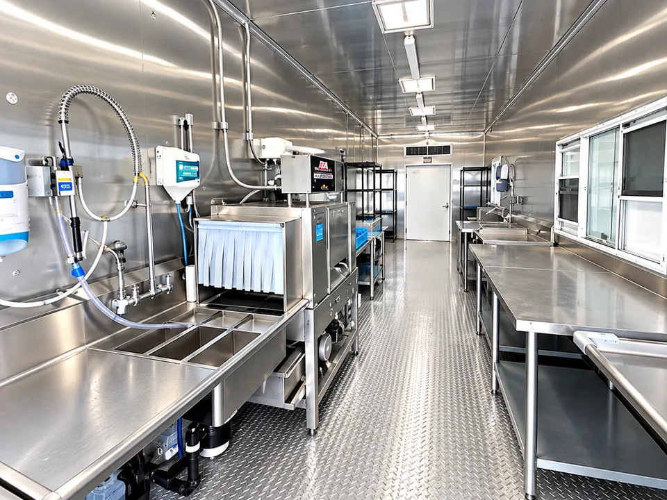 High-temperature conveyor dish machine and stainless work areas inside a 38 foot dishwashing trailer