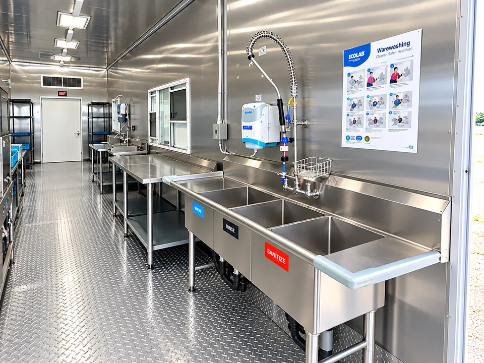 Wash, rinse and sanitize sink line inside a 38 foot high-temperature dishwashing trailer