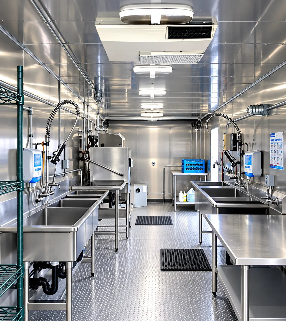 Commercial sinks, pre-rinse stations and dish machine inside a 38 foot low-temperature dishwashing trailer