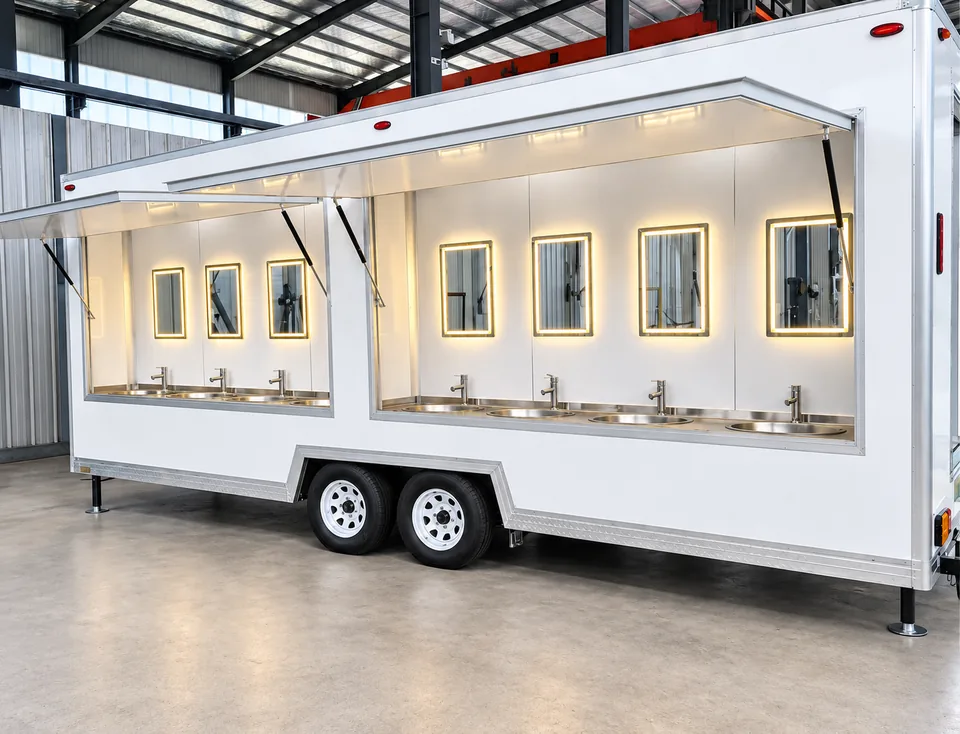 Exterior of a mobile handwashing trailer with several sinks